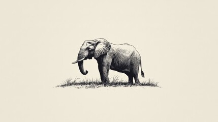 Fototapeta premium Monochrome illustration of an elephant standing in grass.