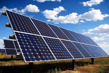 Solar panels in a field under a bright blue sky with fluffy clouds.