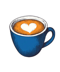 Hand-drawn illustration of a blue coffee cup featuring a heart-shaped latte art design, isolated on a transparent background. great for valentine's day