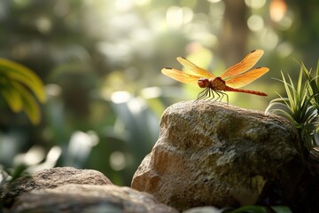 Obraz premium Orange dragonfly perched on a rock in a sunlit forest. Perfect for nature, serenity, and insect themes.