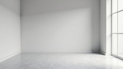 Empty Room Corner with Sunlight Streaming Through a Window Featuring a Neutral Color Palette and Polished Concrete Floor