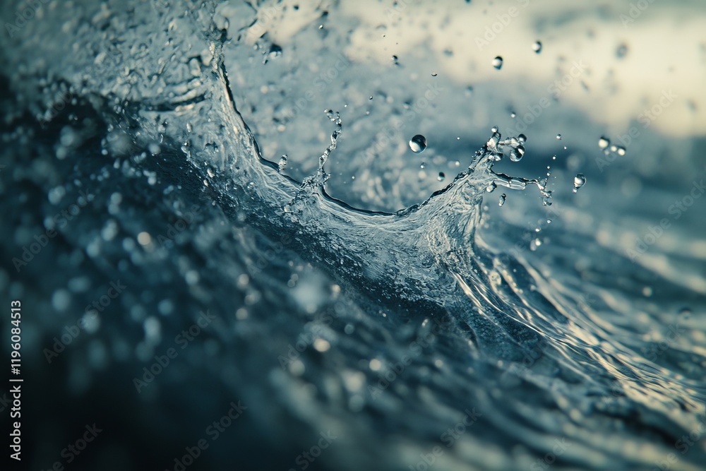 Poster Close-up of an ocean wave splashing, showing water droplets and texture.