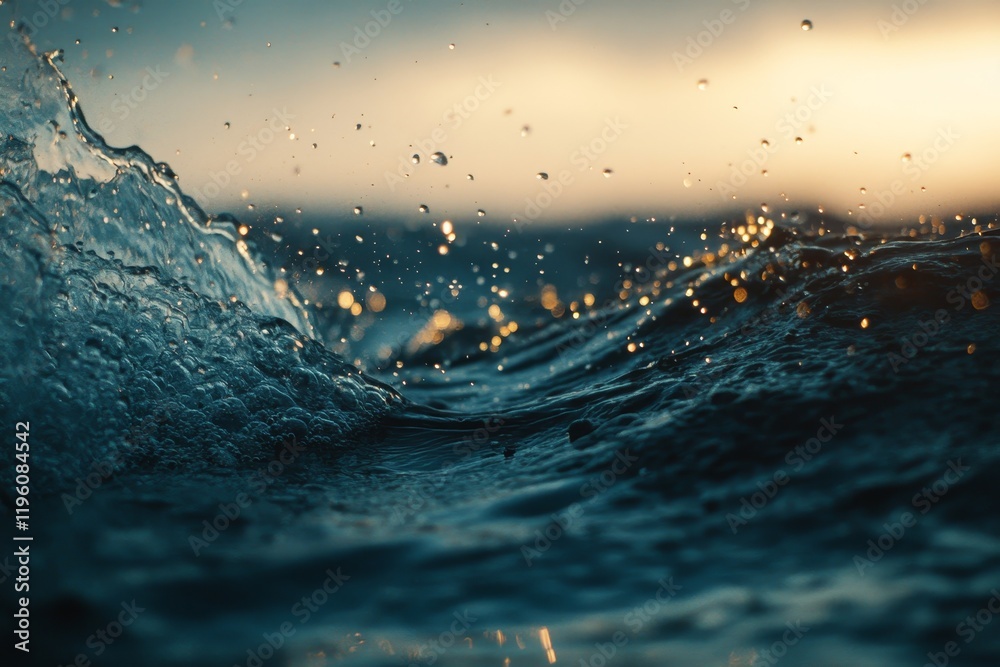 Poster close-up of ocean wave splashing at sunset.
