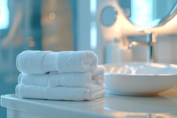 Three neatly folded white hand towels on a bathroom vanity.