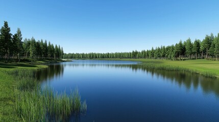 Fototapeta premium Calm lake, pine forest, sunny day, nature scene, idyllic landscape