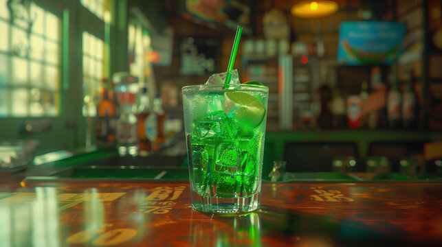 Refreshing green river drink served in a tall glass with ice and lime at a vibrant bar during a sunny afternoon
