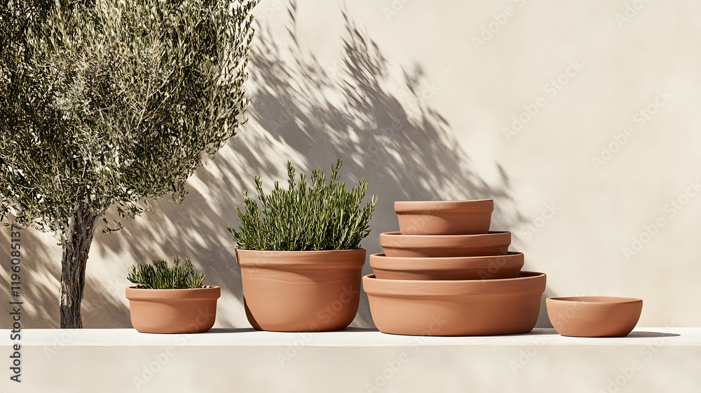 Aufkleber a serene display of terracotta pots in various sizes, showcasing greenery against a minimalist backd
