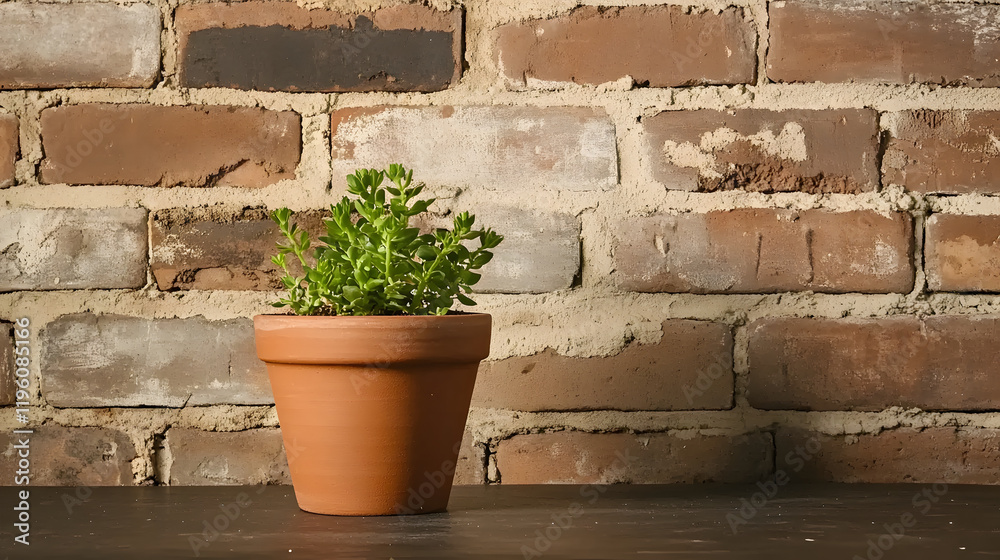 Poster A small succulent plant in a terracotta pot against a rustic brick wall, creating a cozy and inviting atmosphere