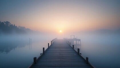 Misty Sunrise Pier: A Serene Lake Landscape