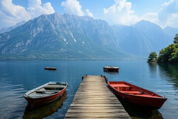 Obraz premium Serene lake scene with boats and mountains. Ideal for travel, nature, and peaceful imagery.