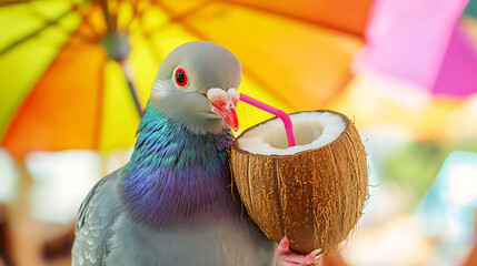 Cute stuffed pigeon sipping a mini coconut drink under a colorful beach umbrella