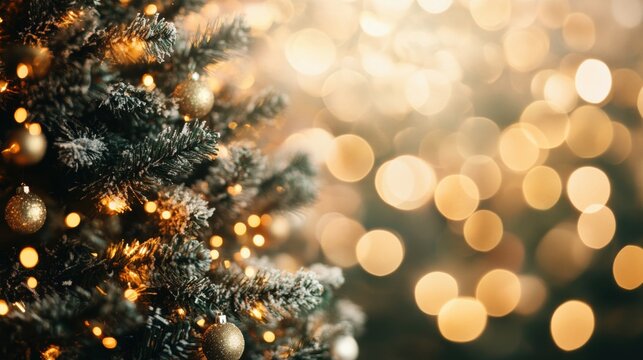 A beautifully adorned Christmas tree sparkles with warm bokeh lights, creating a festive and inviting atmosphere in a holiday setting