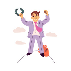 Successfull businessman stands on the top of a mountain business, achievements concept illustration