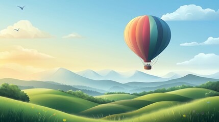 Obraz premium Hot Air Balloon Over Rolling Green Hills at Sunrise