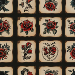Fototapeta premium Seamless pattern of black and red roses on a vintage beige background for design concepts