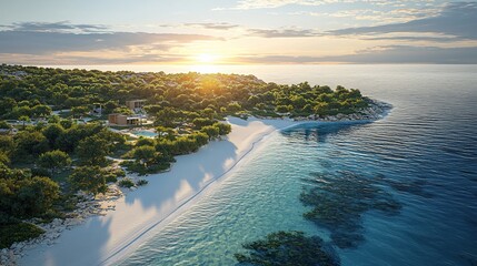 Sunset over secluded beach with villas.