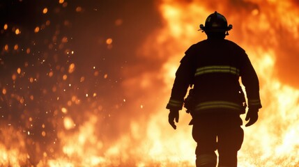 Naklejka premium A firefighter charges toward a dangerous inferno, showcasing bravery amidst the chaos of flames and smoke at an emergency scene
