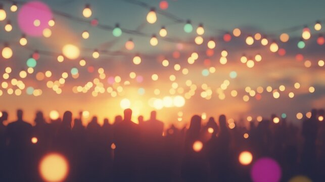 A bustling beach party takes place at night, filled with people enjoying music and festive lights creating an electrifying mood