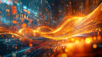 Golden data stream flowing in cyberspace with binary background