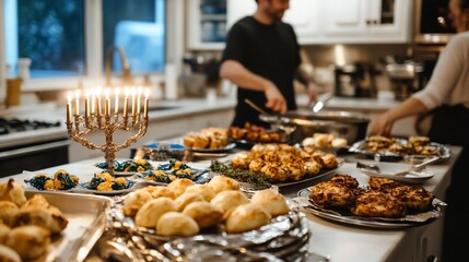 Naklejka premium Family prepares festive meal in kitchen with lit menorah