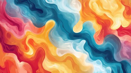 A colorful abstract painting with a blue and yellow line. The painting is full of vibrant colors and has a sense of movement