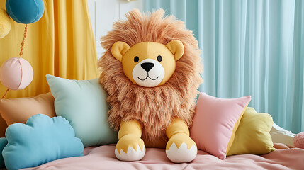 Fluffy stuffed lion with exaggerated mane surrounded by pastel colored cushions