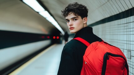 Young man with a red backpack in a subway station, glancing back while standing near the tunnel with dramatic lighting.