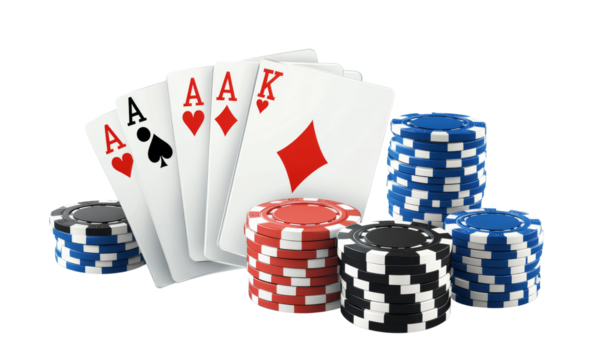 High stakes poker hand with four aces and colorful chips, creating excitement