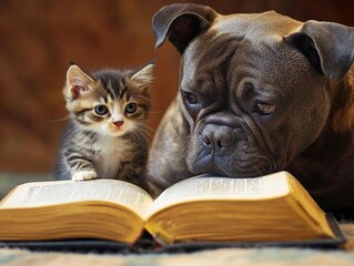 A dog teaching kitten grammar