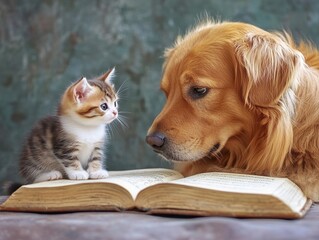 A dog teaching kitten grammar