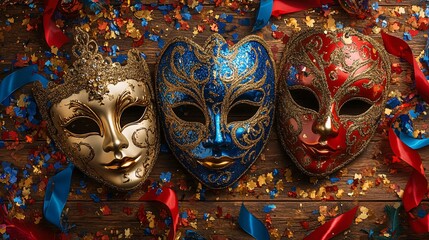 Three Ornate Carnival Masks in Gold, Blue, and Red on a Colorful Background of Confetti and Ribbons, Showcasing the Vibrant and Artistic Spirit of Brazilian Festivities