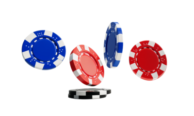 Colorful casino chips in red, blue, and black, stacked and scattered, evoke excitement