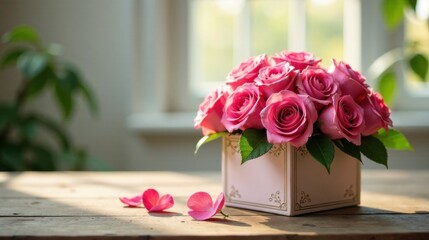 A Delicate Arrangement of Pink Roses in an Elegant Box, Adorned with Delicate Gold Accents, Resting on a Wooden Table Bathed in Soft Sunlight with Detached Petals