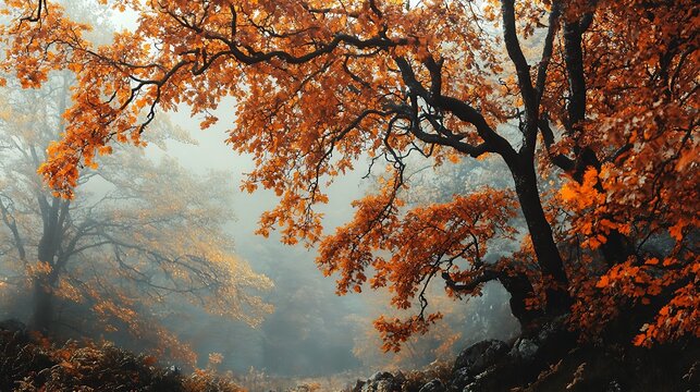 Colorful autumn landscape with foggy forest