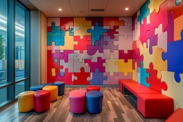 Colorful puzzle wall in a kids' playroom with seating.