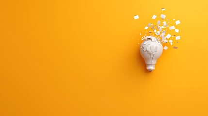 Innovative Concept of a Broken Lightbulb with Ideas Exploding in a Bright Yellow Background. Design Thinking Concept