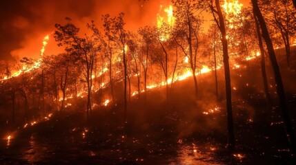 Raging forest fire burning trees on a hillside at night
