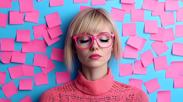 A Young Woman Deep in Thought Amidst Colorful Sticky Notes on a Bright Blue Background. Design Thinking Concept