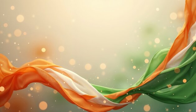 Waving fabrics in Indian flag colors with glowing dots and soft background. Pride. Unity. Heritage. Celebrating India’s Republic and Army Day. Copy space, banner, patriotic theme, event promotion,



