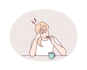 A woman taking medicine for a headache. Hand drawn style vector design illustrations.