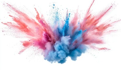 Vibrant red, pink, and blue powder explosion isolated on white background.