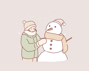 Child building snowman. Kids build snow man. Hand drawn style vector design illustrations.