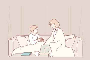 The mother and child are talking under a cozy blanket, while snow gently falls outside the window. Hand drawn style vector design illustrations.