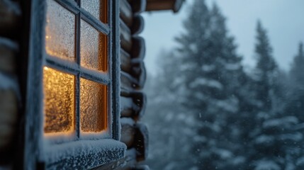 Cozy Winter Cabin Window: A Snowy Evening's Glow