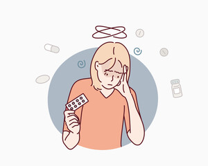 Dementia and memory impairment confuse elderly woman who needs pills to improve brain function. Hand drawn style vector design illustrations.