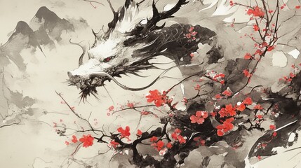 Ghostly white dragon surrounded by plum blossoms in traditional Chinese ink wash style