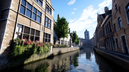 Fototapeta premium Scenic canal view with historic buildings and lush greenery.