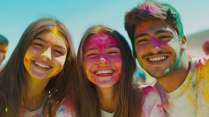 Fototapeta premium Joyful friends celebrating with colorful powder.
