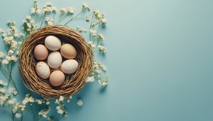 Easter eggs in nest with flowers on blue background.