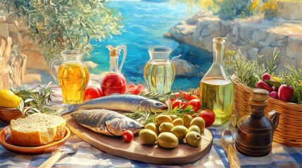 A colorful scene of a Mediterranean diet table, featuring olives, fish